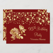 Invitation Confetti d'or, rose rouge 95e anniversaire (Devant / Derrière)