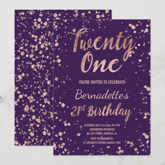 Invitation Confetti d'or rose rousse éclats 21e anniversaire (Devant / Derrière)