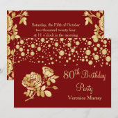 Invitation Confetti d'or, rose sur rouge 80e anniversaire (Devant / Derrière)
