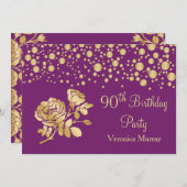 Invitation Confetti d'or, rose sur violet 90e anniversaire (Devant / Derrière)