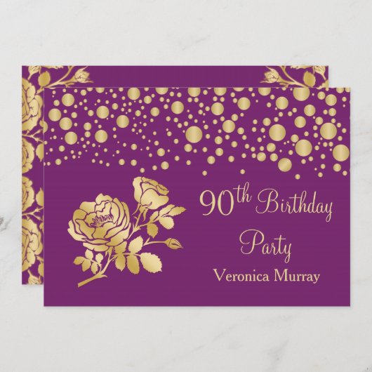 Invitation Confetti d'or, rose sur violet 90e anniversaire (Devant / Derrière)