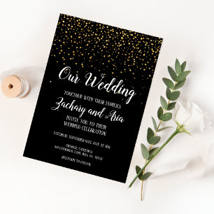 Invitation Confetti d'or sur Noir Notre Mariage