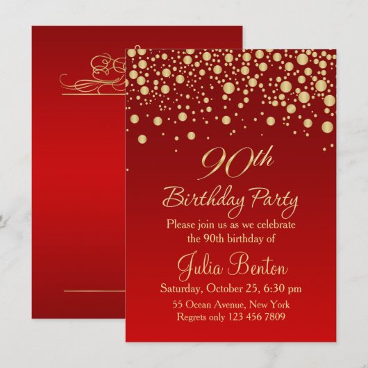 Invitation Confetti d'or sur rouge 90ème anniversaire Invitat (Devant / Derrière)