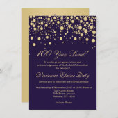 Invitation Confetti d'or sur violet 100 fête d'anniversaire (Devant / Derrière)
