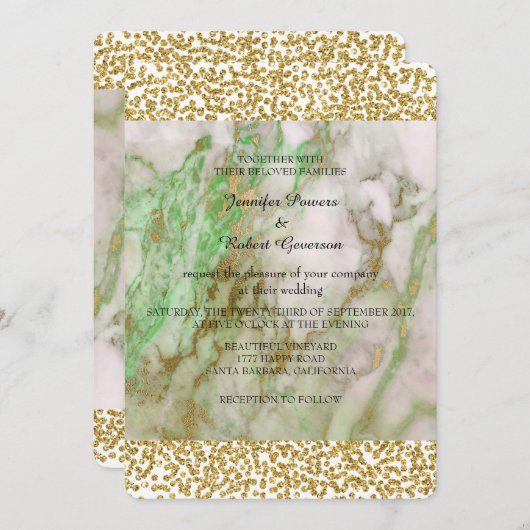 Invitation Confetti doré mariage en marbre vert (Devant / Derrière)