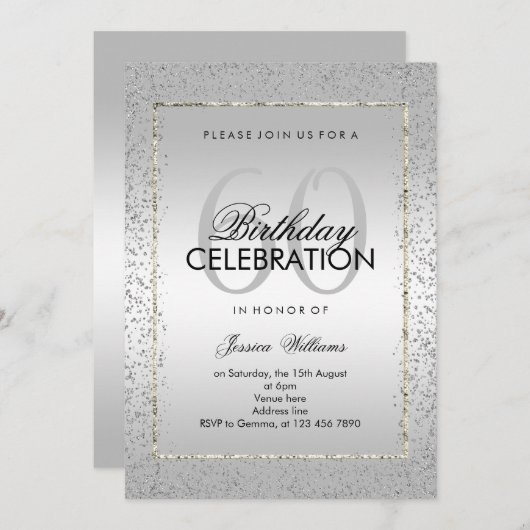 Invitation Confetti en argent élégant 60e anniversaire (Devant / Derrière)
