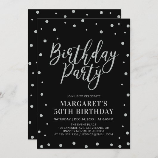 Invitation Confetti en argent et noir | Fête d'anniversaire a (Devant / Derrière)