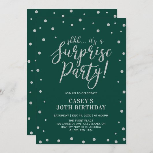 Invitation Confetti en argent et vert | Surprise fête d'anniv (Devant / Derrière)