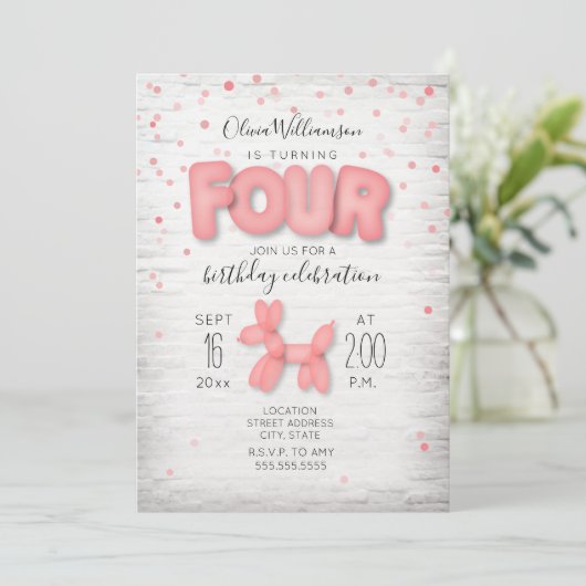Invitation Confetti en brique d'animal de ballon rose 4e anni (Debout devant)