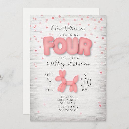 Invitation Confetti en brique d'animal de ballon rose 4e anni (Devant / Derrière)