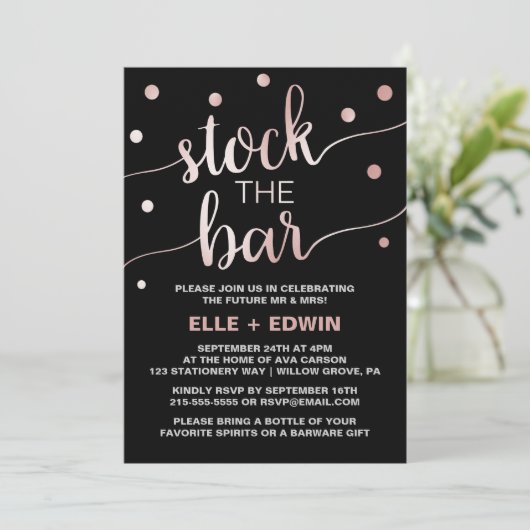Invitation Confetti en or et en noir rose Stock du bar (Debout devant)