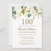 Invitation Confetti en or floral blanc 100e anniversaire (Devant)