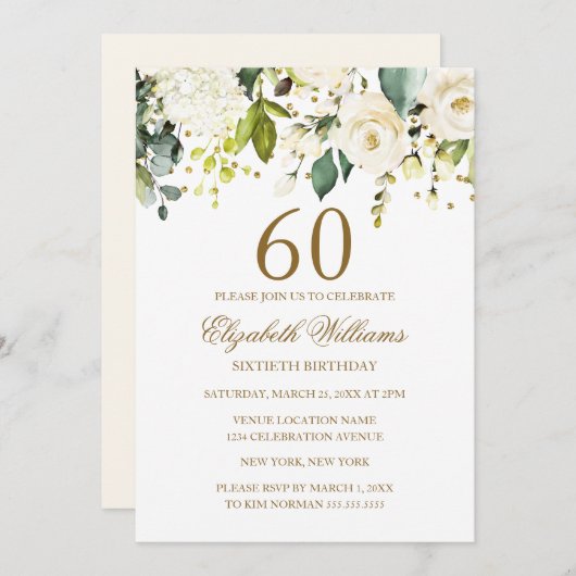 Invitation Confetti en or floral blanc 60e anniversaire (Devant / Derrière)