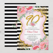 Invitation Confetti en or noir et blanc Floral 90e anniversai (Devant / Derrière)