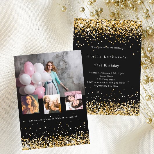 Invitation Confetti en or noir photo collage anniversaire