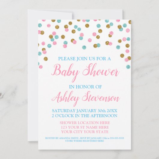Invitation Confetti en or rose Baby shower neutre genre (Dos)