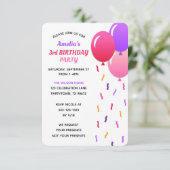 Invitation Confetti et ballons roses et violets (Debout devant)
