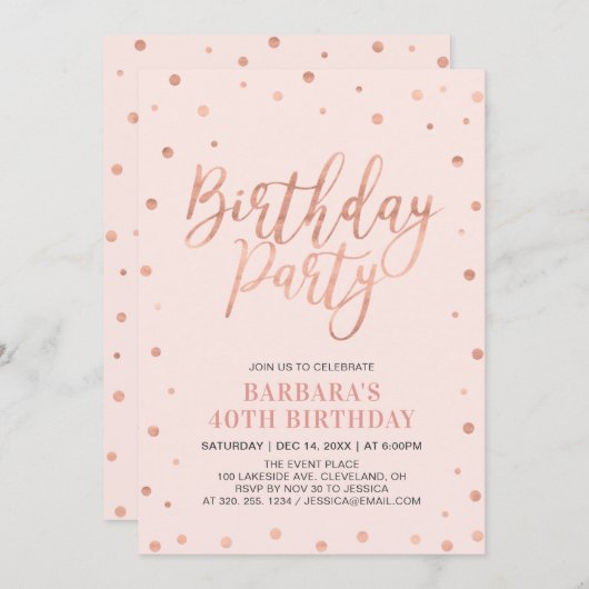 Invitation Confetti et Blush en or rose | Fête d'anniversaire (Devant / Derrière)