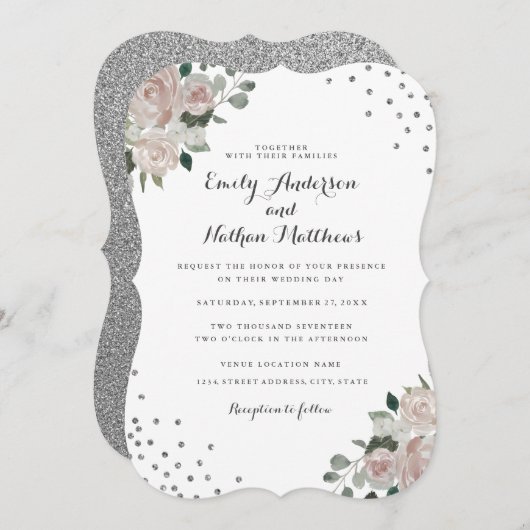Invitation Confetti floral d'argent clair (Devant / Derrière)