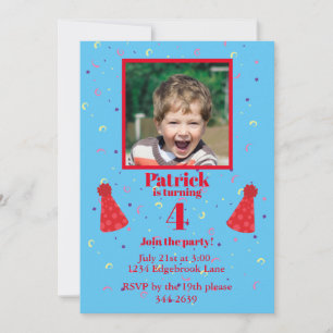 Invitation Confetti garçon de quatre ans en bleu fête d'anniv