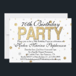 Invitation Confetti Gold 70th Birthday Party<br><div class="desc">Belle fête de 70ème anniversaire invitations imprimées sur mesure. Parties scintillant d'or confetti,  soirée élégante et féminine pour elle à son fabuleux 70e anniversaire. Glitterie brillant blanc et or motif imprimer pois toile de fond. Elégant et classe pour une soirée formelle soignée ou un rassemblement informel.</div>