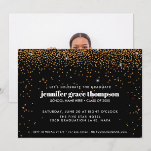 Invitation Confetti Gold et Black Photo Graduation Party