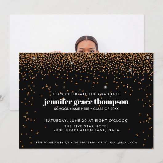 Invitation Confetti Gold et Black Photo Graduation Party (Devant / Derrière)