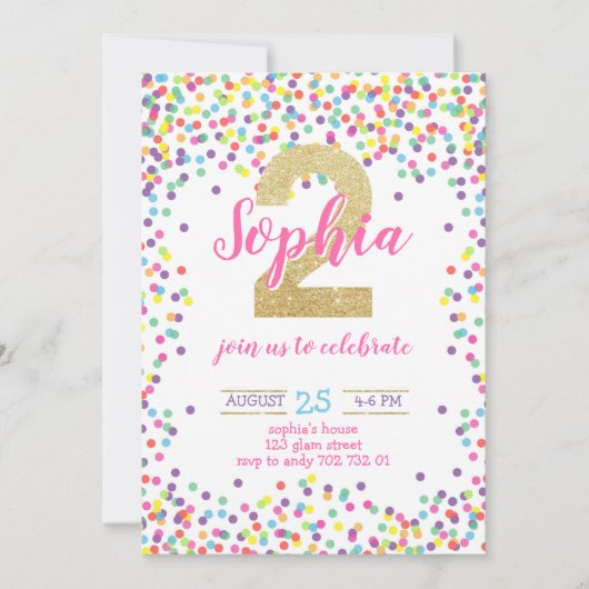 Invitation Confetti Gold Girl 2 Anniversaire aux couleurs arc (Devant)