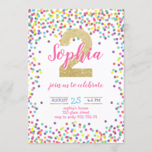 Invitation Confetti Gold Girl 2 Anniversaire aux couleurs arc