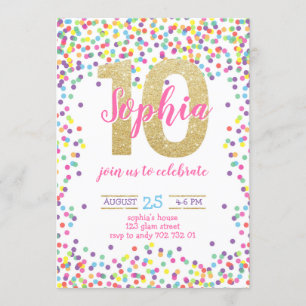 Invitation Confetti Gold Number Girl 10th Birthday