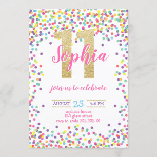 Invitation Confetti Gold Number Girl 11th Birthday