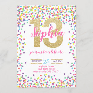 Invitation Confetti Gold Number Girl 13th Birthday