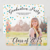 Invitation Confetti Gold Turquoise Blue Photo 2015 Graduation (Devant / Derrière)