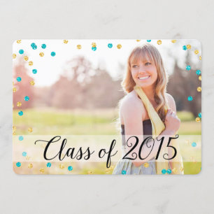Invitation Confetti Gold Turquoise Blue Photo 2015 Graduation