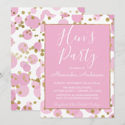 Invitation Confetti Hen's Party de Pink and Gold Foil (Devant / Derrière)