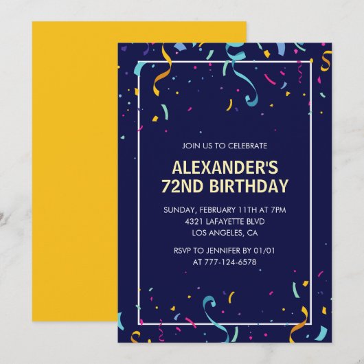 Invitation Confetti Hommes Simple Moderne 72e anniversaire (Devant / Derrière)