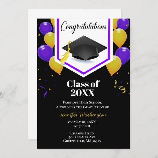 Invitation Confetti jaune et noir violet (Devant / Derrière)