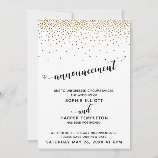 Invitation Confetti Mariage Gold reportée & Coeurs Script (Devant)