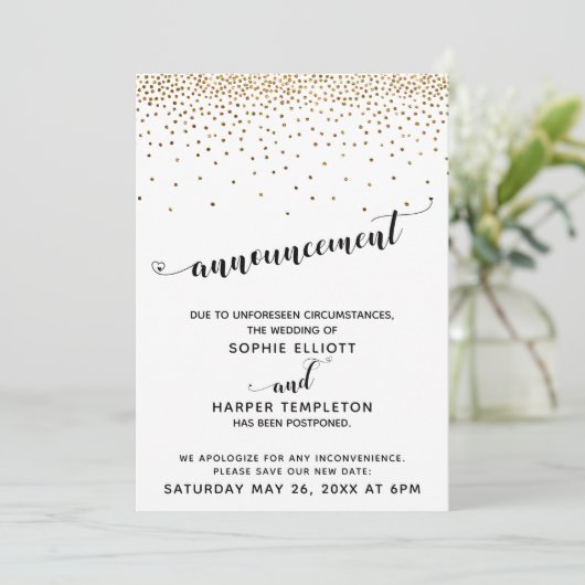 Invitation Confetti Mariage Gold reportée & Coeurs Script (Debout devant)