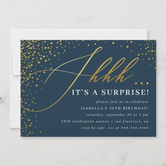 Invitation Confetti Marine & Gold Script Surprise Party (Devant)