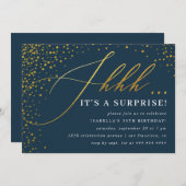 Invitation Confetti Marine & Gold Script Surprise Party (Devant / Derrière)