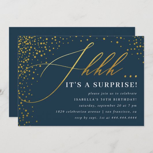 Invitation Confetti Marine & Gold Script Surprise Party (Devant / Derrière)
