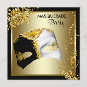 Invitation Confetti Mask Black Gold Masquerade