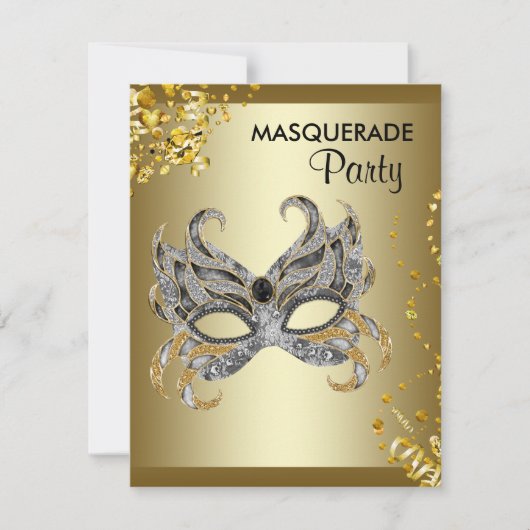 Invitation Confetti Masque argent et or Masquerade Party (Devant)