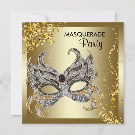 Invitation Confetti Masque Argent Gold Masquerade (Devant)