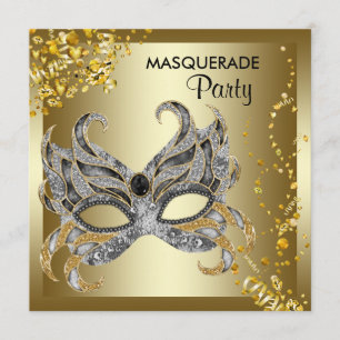 Invitation Confetti Masque Argent Gold Masquerade