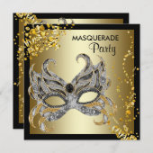 Invitation Confetti Masque Black Gold Masquerade (Devant / Derrière)
