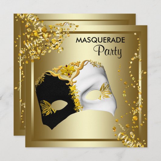 Invitation Confetti Masque Black Gold Masquerade (Devant / Derrière)