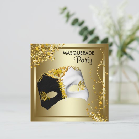 Invitation Confetti Masque Black Gold Masquerade (Debout devant)