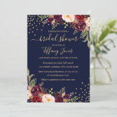 Invitation Confetti Navy Bourgogne Gold Floral Fête des marié (Debout devant)